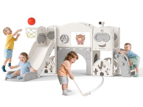 Scivolo per bambini, scivolo per bambini piccoli indipendente con canestro da basket, attrezzatura per parco giochi con scivolo, scivoli all'aperto (Blu Grigio-7 in 1)