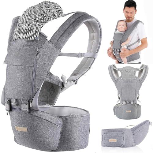 Fascia Neonato, 9-in-1 Regolabile Marsupio Neonati Ergonomico, Confortevole e Leggero, Sedile con Supporto Lombare, Marsupio Bambino da 0-36 Mesi, Ideale per Genitori a Mani Libere, Grigio