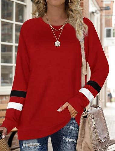 Felpe da donna girocollo a blocchi di colore maglioni a maniche lunghe tunica top moda 2025, Rosso, L