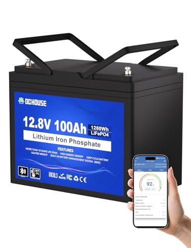 DCHOUSE Batteria Litio Bluetooth 12V 100Ah, Batteria al Litio 12V 1280Wh con Protezione 100A BMS e a Bassa Temperatura, Lifepo4 per motori elettrici，Caravan, Campeggio, Sistemi solare