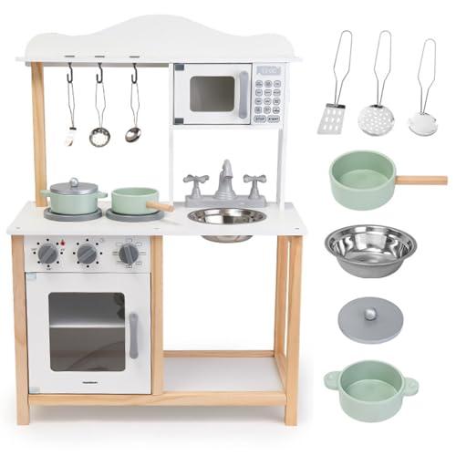Mamabrum Cucina Giocattolo per Bambini in Legno - Cucina Completa con Forno, Microonde e Lavello - Set Montessori con Accessori e Suoni Meccanici per Bimbi da 3 Anni