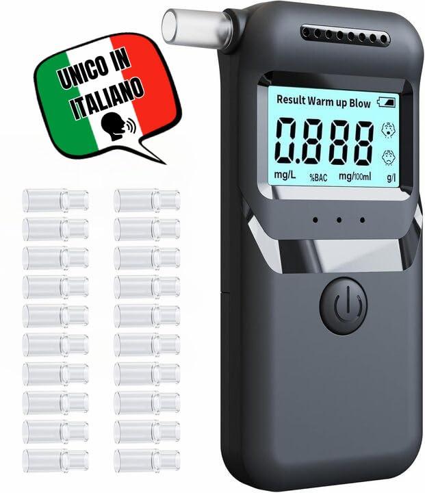 MIO TECK Etilometro Portatile Digitale Certificato, Alcol Test elettronico con Display LCD, Brand Italiano Preciso e Affidabile per Uso Domestico e Professionale con 20 Bocchette Riutilizzabili