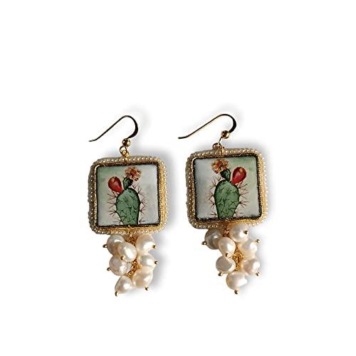 Orecchini Siciliani con Mattonelle in Ceramica di Caltagirone e Grappolo di Perle