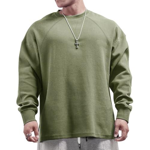 Muscle Alive Uomo Basic Magliette a Maniche Lunghe Cialda Felpa Perdere Peso Allenamento Maglione Maglia Girocollo Verde Oliva S