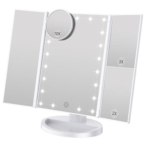 WEILY Specchio Trucco con Luci Trifold dello specchio di trucco illuminato con l'ingrandimento di 1X/2X/3X, le notti naturali del LED, lo schermo di tocco, lo specchio caricabile (Bianco)