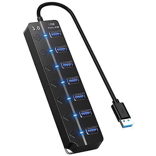 HORJOR Hub USB 3.0 Ciabatta Multi Presa USB, 7 Porte Sdoppiatore USB con Singoli Interruttori e Spie LED
