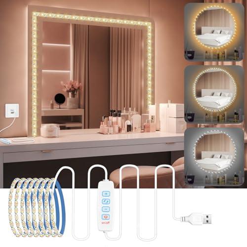 URAQT Luci Da Specchio, USB Luci per Specchio da Trucco per tavolo da toeletta, Striscia LED Flessibile da 4 m LED, 3 Modalità Colore, 9 livelli di regolazione, Kit per Specchioper il bagno