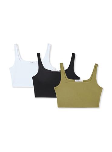 TERRANOVA Pack 3 Top Bra con Scollo Quadrato da Donna Colore 1x Verde, 1x Nero, 1x Bianco Taglia S