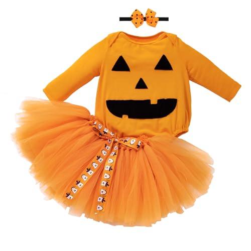 KorrbO Pagliaccetto con Stampa Zucca per Halloween Neonate Completino 3 Pcs Tutina + Gonna in Tulle Tutù + Fascia Principessa Bambine Bimba, 2-3 Anni
