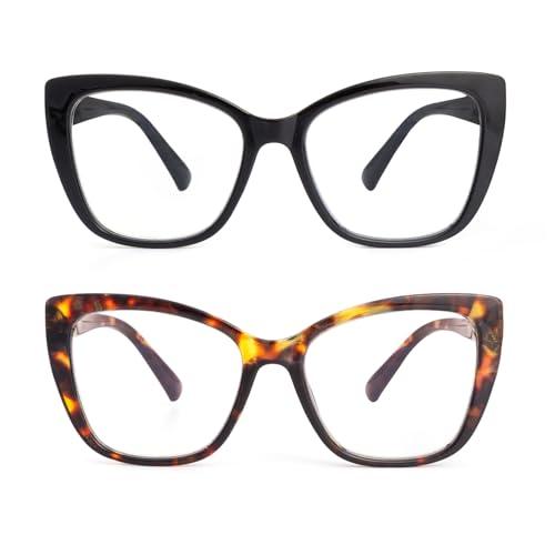 SKYWAY 2 Pack Occhiali da Lettura per Donna, Occhiali da Computer Oversize alla Moda con Blocco Luce Blu, Montatura Quadrata a Occhio di Gatto con Cerniera a Molla, Nero+Tartaruga 1.5