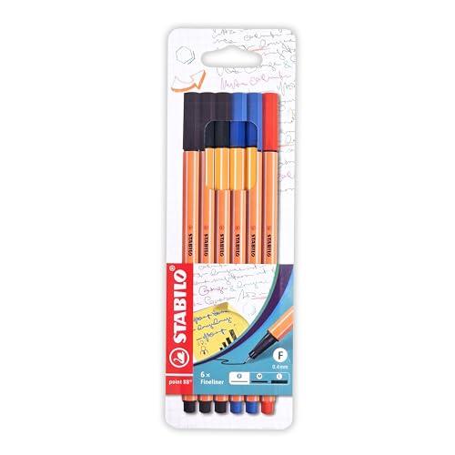 STABILO point 88 - Fineliner - Astuccio da 6 - Colori Ufficio - Nero/Blu/Rosso