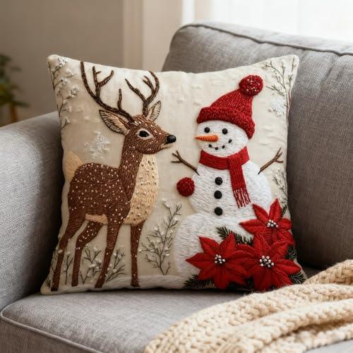 Federa per cuscino natalizia, 45 x 44 cm, in lino, con cervi e pupazzo di neve, decorativa, quadrata, con cerniera invisibile, per soggiorno, divano, camera da letto (stile 3)
