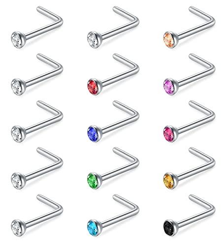 Mayhoop 22G Piercing Naso Viti Acciaio Chirurgico Naso Perno Septum L Forma Set Naso Piercing Gioielli Argento CZ Piercing Gioielli