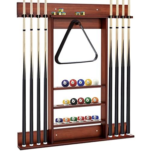 GYMAX Supporto per Biliardo, Portastecche da Biliardo a Parete in Legno di Pino con 8 Stecche, 15 Palle da Biliardo, 1 Portapalle, Autoportante per Bar, Club, Sala Giochi, 79 x 8 x 91 cm (Marrone)