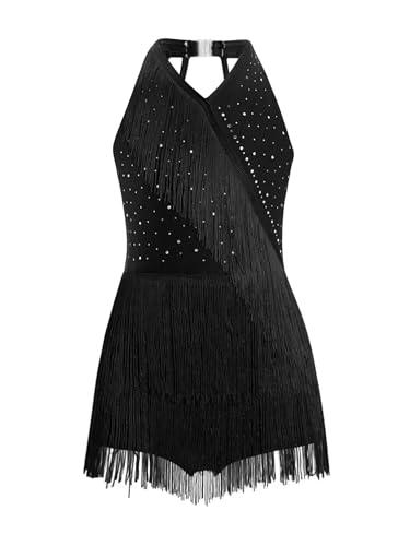 Alvivi Abito da Ballo Latino Americano Bambina Frange Body Balletto con Strass Vestito da Ballo Moderno Danza Classica Body Ginnastica Ritmica Dancewear Nero 15-16 anni