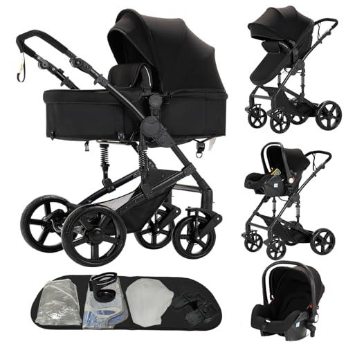 Reenborn Passeggino Trio, Passeggino 3 in 1 con Due Modi Reversibili Spingere, Trio con Design Pieghevole in Un Clic, Trio Passeggino Neonati con Telaio Alluminio Paesaggistico Alto (588 Black)