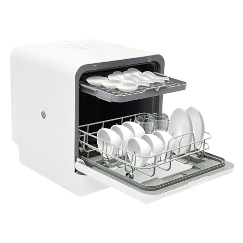 Lavastoviglie Portatile, Lavastoviglie Compatta da Tavolo con Asciugatura ad Aria Calda, Capacità da 6L, Lavaggio a 360° Superiore e Inferiore, 4 Programmi, Controllo Touch, Display a LED, Bianca