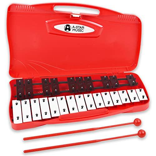 A-Star Xilofono Glockenspiel cromatico soprano a 25 note in custodia rossa con tasti neri/bianchi e due battitori in plastica - 2 ottave da G5 a G7