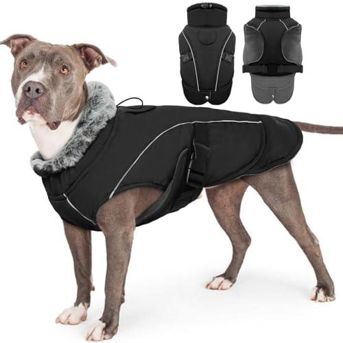 PUMYPOREITY Cappotto Invernale per Cani, Giacca Impermeabile e Calda con Colletto in Pelliccia, Tuta da Sci per Cani con Strisce Riflettenti e Foro per Guinzaglio, Nero, XXL
