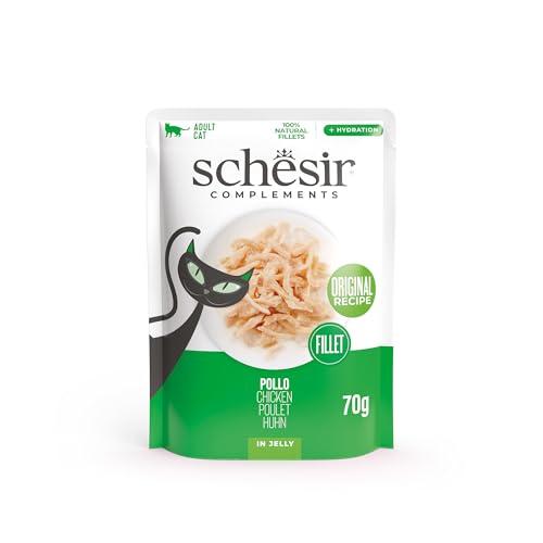 Schesir, Filetti di Pollo in Gelatina, Cibo Umido Complementare per Gatti, Ricetta Originale, 100% Naturale, 12 buste da 70g