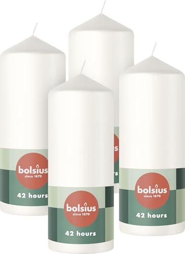 Bolsius Candele a colonna lisce – Bianco – Confezione da 4 – 15 x 6 cm – Durata della combustione 42 ore – Inodore – Cera vegetale naturale – senza olio di palma