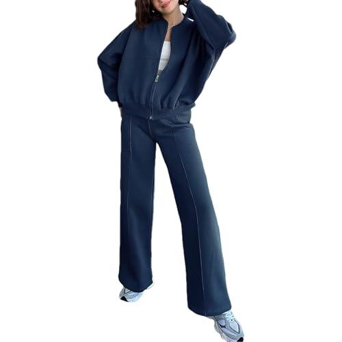 amropi Tuta da Donna Giacca con Cerniera e Pantaloni Jogging Tute 2 Pezzi Sportivo Completo Blu Scuro, XXL