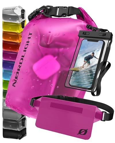 Nordlight Dry Bag Sacca Impermeabile con Custodia Per Cellulare e Marsupio (5L, Rosa) Zaino, Sacca Stagna Borsa Impermeabile - Spiaggia, Canoa, Stand Up Paddling, Immersioni