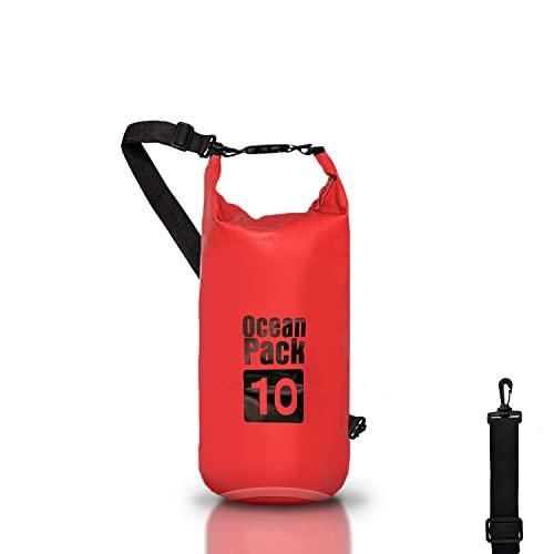 Dry Bag, Borsa Sacca Zaino Impermeabile Waterproof, chiusura a rotolo e tracolla, custodia impermeabile per cellulare e marsupio per Mare Barca Pesca Rafting Spiaggia Sport Acquatici (Red, 10l)