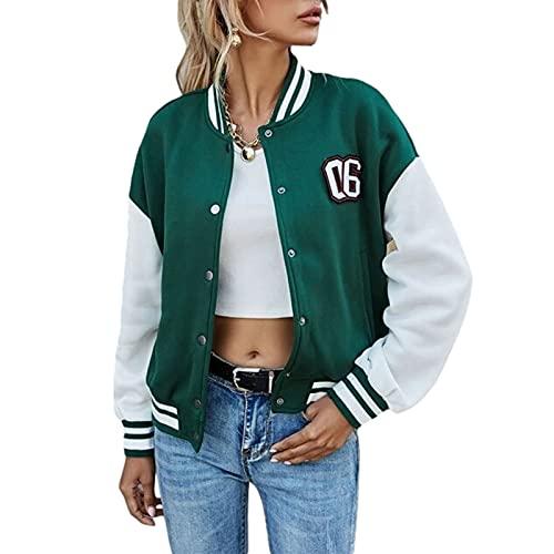 Loalirando Giacca Corta da Donna Primaverile College Giacca da Baseball Uniform Cappotto Monopetto Letter Ricamo Bomber per Ragazze S-L (Verde, S)