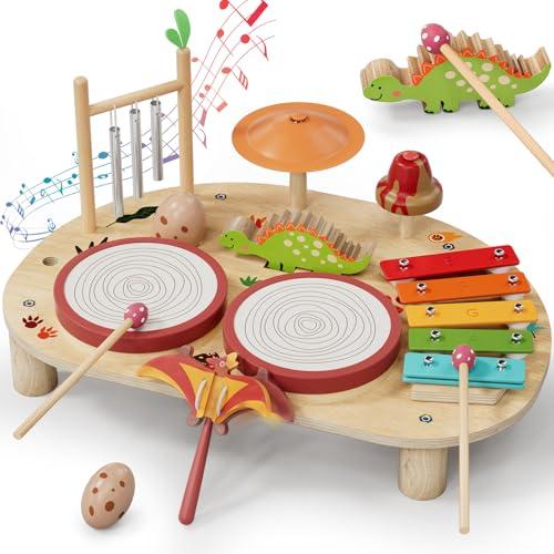 Lehoo Castle 9 in 1 Giochi Legno Montessori Strumenti Musicali, 9 in 1 Bambini Tamburi Set con Xilofono Batteria, Gioco 2 3 4 Anni, Educativi Interattivo Regalo