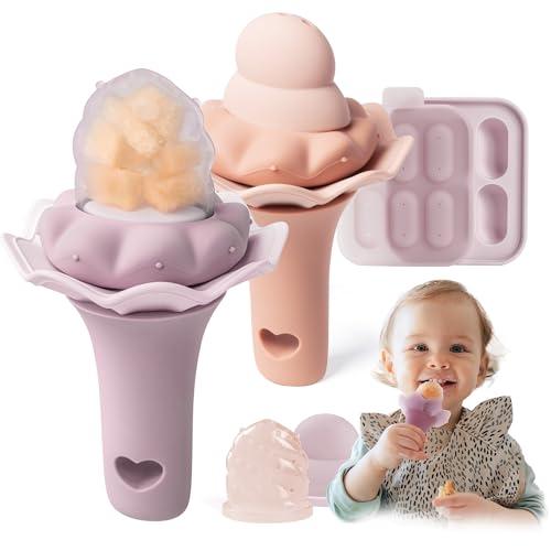 Moonkie succhietto per bambini con vassoio per congelatore, 2 pezzi, per 4 mesi in su, sacchetti di due dimensioni, manico con sonaglio, silicone senza BPA