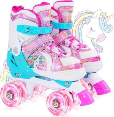OLYSPM Pattini a Rotelle Bambina,Pattini a 4 Ruote Regolabili in 4 Misure con 8 Ruote Lampeggianti per Ragazzi,Ragazze e Principianti(Rosa)