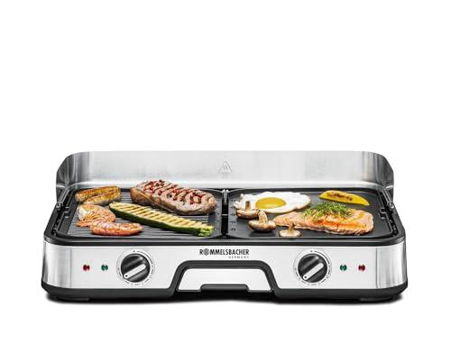 ROMMELSBACHER Barbecue da tavolo BBQ 2025, 2 piastre girevoli (scanalate e lisce), regolabile separatamente, rivestimento antiaderente in ceramica (senza PFAS), temperature fino a 230 °C, cavo da 2 m,