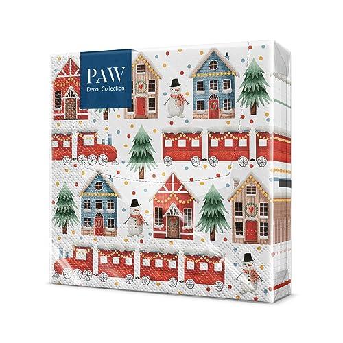 PAW - Tovaglioli di Carta Natale (33 x 33 cm) I 20 Pezzi I Tovaglioli di Carta Natalizi I 3 Veli I Inverno, Vacanze, Pupazzo di Neve, Sittà, Treno I Cozy Christamas Town