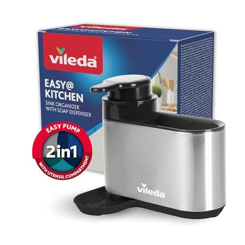 Vileda Sink Organizer con Dispenser di Sapone in Acciaio Inox - Porta Spugne da Cucina indipendente - Organizer Lavastoviglie con Dispenser di Sapone per Spugne e Spazzole - Durevole e Antiruggine