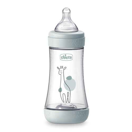 Chicco PERFECT 5 Biberon Anticolica da 240 ml, Biberon Flusso Medio da 2 Mesi + con Tettarella in Morbido Silicone, Biberon simil seno materno, Biberon anticolica per allattamento misto, Grigio