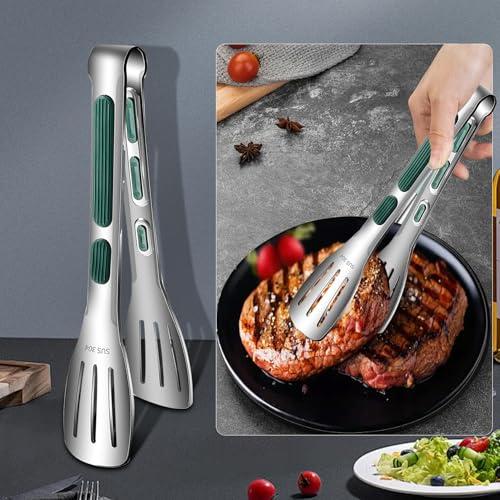 2 pinze da cucina in acciaio inox, con punte in silicone antiscivolo e impugnatura per servire, cucinare, cuocere al forno e barbecue, pinze in metallo resistenti al calore