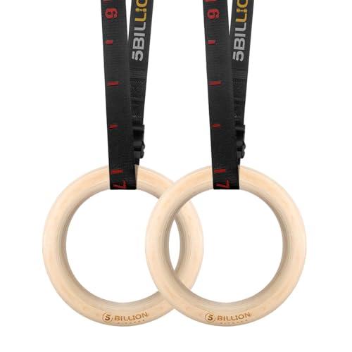5BILLION Anelli Ginnastica Legno - Fitness Anelli Palestra con Regolabili Lunghi Fibbie Cinghie - Allenamento per Palestra di Casa & Fitness - Grande per il Muscolo Up, Pull Up & Training Muscolare