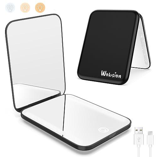 WOBSION Specchio Portatile con Luce LED per Viaggio,Pieghevole Specchietto da Borsetta di Ricaricabile USB,1x/3x Ingranditore Mirror per Trucco con Regolabile Luminosità,a Regalo,Nero
