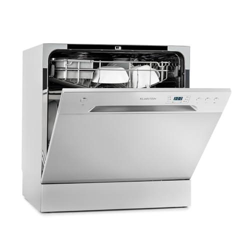 Klarstein Amazonia 8 - Mini Lavastoviglie, Classe A+, 1620 Watt, Posizionamento Libero, 6 Programmi, 2 Ripiani per Posate Estraibili, Aquastop, Tubo di Scarico Preinstallato, Argento