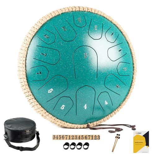 MeloBeat Steel Tongue Drum Handpan - Tamburo in Acciaio 13 Pollici 15 Note - Set Professionale di Tamburi a Lingua in D Maggiore Incluso Libro delle Canzoni per Tamburo a Lingua con Custodia (Verde)