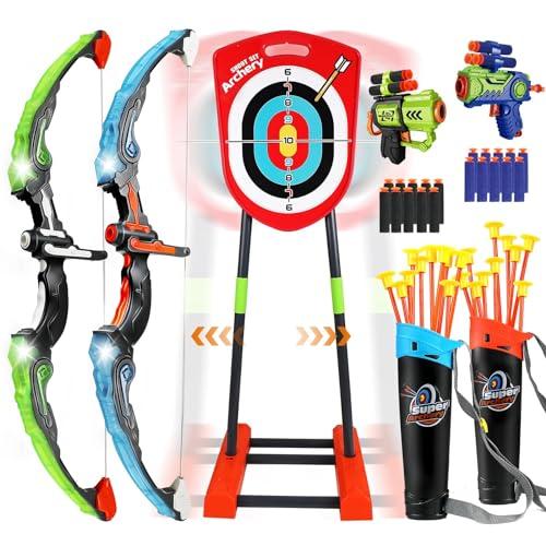 Arco e Frecce per Bambini con Luci LED, Set di Giocattoli con 2 Archi, 1 Bersaglio in Piedi, 2 Pistole per Frecce in Gommapiuma, 20 Frecce a Ventosa e 2 Faretre, Giocattoli per 4-12 Ragazzi Ragazze