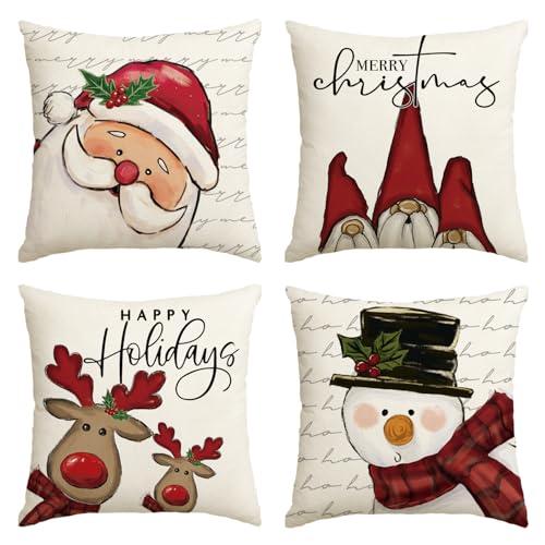 Artoid Mode GNOME - Set di 4 federe per cuscino con renna, motivo: Babbo Natale, pupazzo di neve, 45 x 45 cm