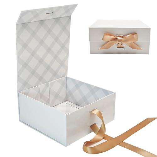 Tekhoho Scatola Regalo Bianca 22x22x10cm, Scatola Regalo Premium con Coperchio Magnetico e Nastro per Confezioni Regalo di Matrimonio e Compleanno, Fodera Plaid