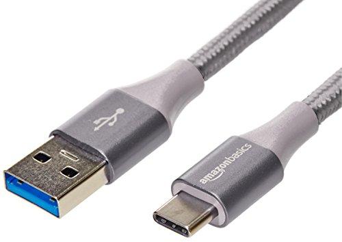 Amazon Basics Cavo in nylon doppio intrecciato da USB-C a USB-A 3.1 Gen 2 (certificato USB-IF), supporta un trasferimento dati elevato fino a 10 Gbps, 0.9 m/3 piedi, grigio scuro