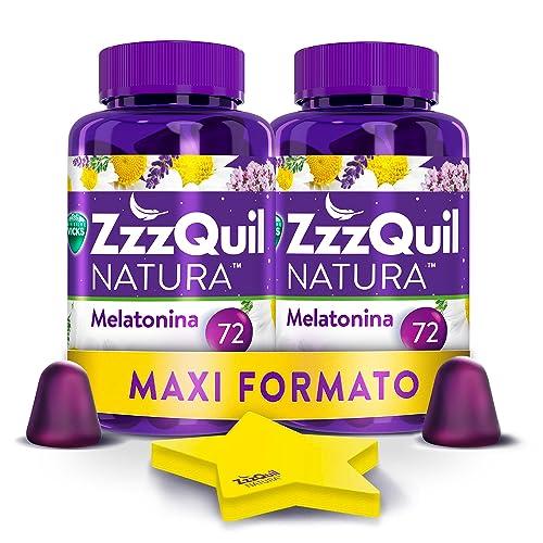 ZzzQuil Natura Integratore con Melatonina pura ed Estratti Di Valeriana Per Dormire, Camomilla e Lavanda, Maxi Formato Frutti Di Bosco 2x72 Gommose + Foglietti Adesivi Stella