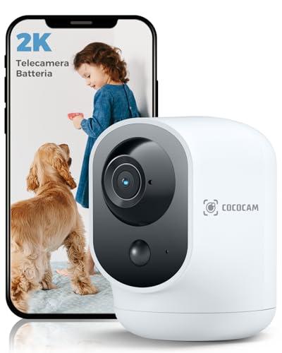 COCOCAM 2K Telecamera WIFI Interno Senza Fili con Batteria 5200mAh, 355°P 90°T Wireless per Baby Monitor/Telecamera per Animali/Assistenza agli Anziani, Riconoscimento AI, PIR Rilevamento Umano