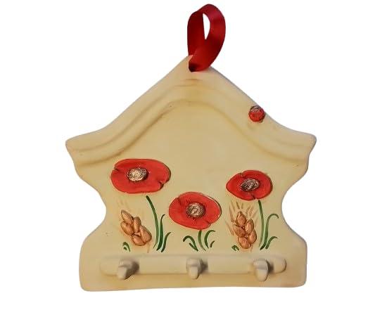 Appendi Strofinacci e Presine Cucina - Appendichiavi da Parete - Appendi Presine da Muro in Ceramica Artigianale con Fiori Farfalle e Frutta -Le Ceramiche Del Re (Papavero)