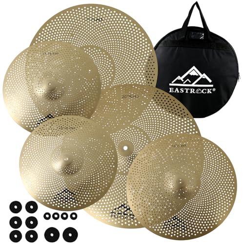 EASTROCK Confezione da 5 piatti dorati a basso volume (35,6 cm, Hi-hat+30,6 cm, crash 45,7 cm, crash e 50,8 cm), con custodia per piatti e feltrini