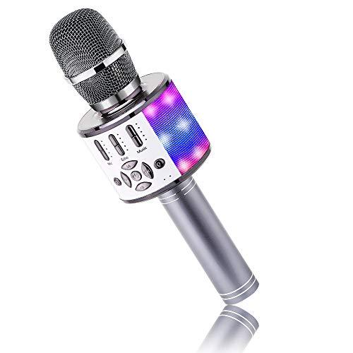 BONAOK Microfono Karaoke Cambia voce, Microfono Colorato per Adulti,Microfono Karaoke Luci e Suoni,Microfono Home KTV Sing, Macchina Karaoke Alternativa, Compatibile con IOS Android (Grigio Siderale)